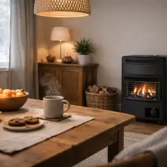 Mysig stämning med en gasolkamin som värmer husvagnen. Kaffe, kakor och apelsiner på bordet.