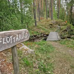 Träskylt visar vägen till flottarleden i Munkedal. En bro leder över en bäck i en skogsmiljö.