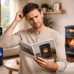 Man funderar över vilken fotogenkamin eller gasolkamin som passar bäst. En brinnande kamin syns i bakgrunden.