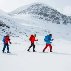 Tre personer åker skidor i ett snöigt landskap nära Abisko. De är klädda i färgglada jackor och ryggsäckar, redo för äventyr.