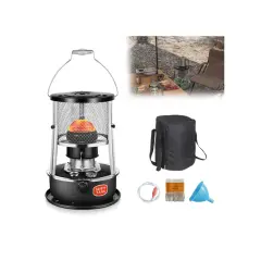 En portabel lysfotogen kamin med tillbehör, perfekt för camping. Värmande och mysig för utomhusbruk.