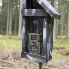 Vildmarkskamera i skyddande låda i skogen. Tänk på åtelkamera regler för att undvika problem.