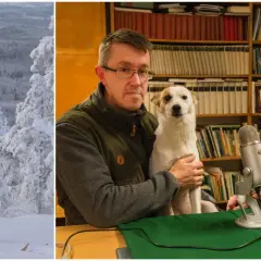 Vinterlandskap i Norrbotten med en person i kamouflagekläder redo för fågeljakt. I en annan bild sitter två män med en hund framför en bokhylla.