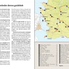 Karta över Skåne med markerade etapper av Skåneleden. Texten beskriver hur man använder guideboken och tips för vandring.