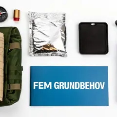En grön ryggsäck med en beige filt, kompass, nödljus, silverförpackning, svart låda, blå vattenflaska och en broschyr märkt "FEM GRUNDBEHOV" för en evakueringsväska.