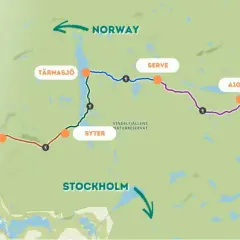 Karta över Kungsleden med start i Hemavan. Vandringsleder visas genom Vindelfjällen mot Norge och Umeå.