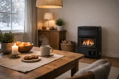 Mysig stämning med en gasolkamin som värmer husvagnen. Kaffe, kakor och apelsiner på bordet.