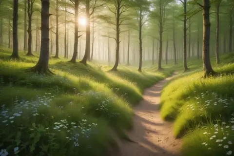 En solig stig slingrar sig genom Riddersholms naturreservat, kantad av frodigt grönt gräs och små vita blommor.