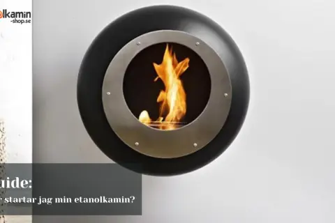 En modern, rund etanol bränsle kamin med flammor som lyser upp rummet. En guide visar hur du startar din etanolkamin.
