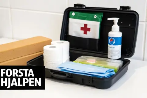 Första hjälpen-kit med plåster, kompresser, handsprit och en röd kors-flagga. Ett krispaket mat kan vara bra att ha.