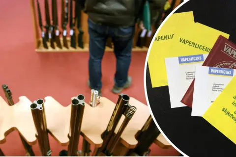 Vapenlicens tid. En person står framför vapenhyllor. Till höger syns flera vapenlicenser och ett tillstånd bevis angående innehav av skjutvapen.