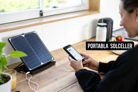 En kvinna laddar sin mobil med hjälp av bärbara solceller vid ett köksfönster.