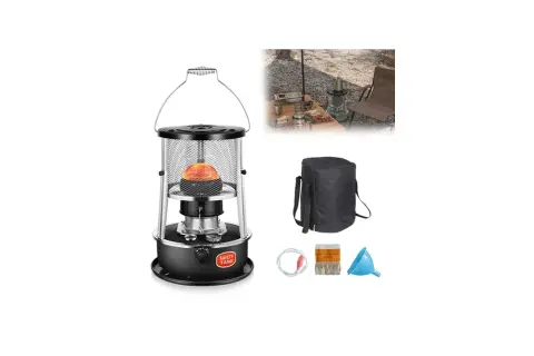 En portabel lysfotogen kamin med tillbehör, perfekt för camping. Värmande och mysig för utomhusbruk.