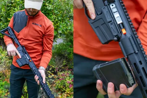 Man i orange tröja med en AR-15 redo för jakt. Magasinet tas ur vapnet.