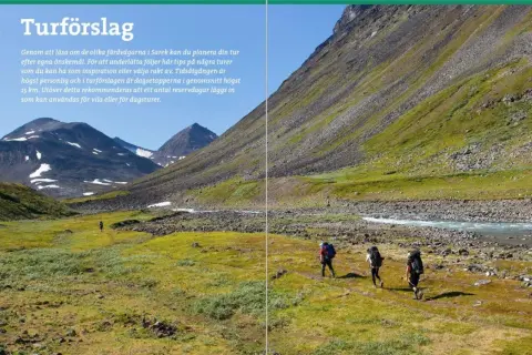 Vandrare med ryggsäckar rör sig genom ett gräsbevuxet landskap i Sarek nationalpark, med berg och en flod i bakgrunden.