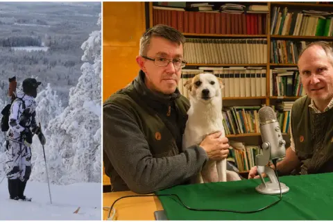 Vinterlandskap i Norrbotten med en person i kamouflagekläder redo för fågeljakt. I en annan bild sitter två män med en hund framför en bokhylla.