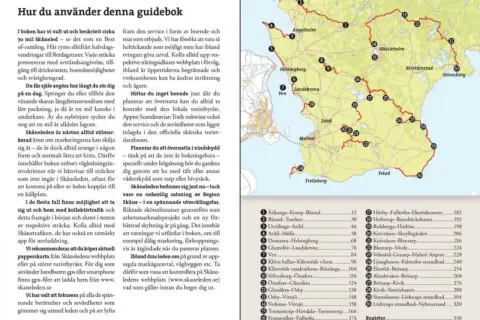 Karta över Skåne med markerade etapper av Skåneleden. Texten beskriver hur man använder guideboken och tips för vandring.