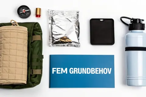 En grön ryggsäck med en beige filt, kompass, nödljus, silverförpackning, svart låda, blå vattenflaska och en broschyr märkt "FEM GRUNDBEHOV" för en evakueringsväska.