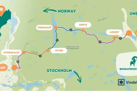 Karta över Kungsleden med start i Hemavan. Vandringsleder visas genom Vindelfjällen mot Norge och Umeå.
