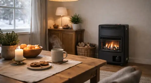 Mysig stämning med en gasolkamin som värmer husvagnen. Kaffe, kakor och apelsiner på bordet.