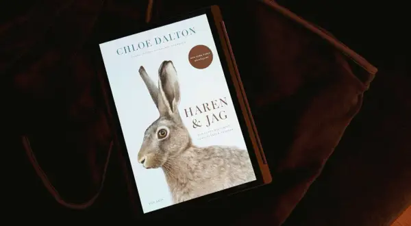 En bok med titeln "Haren & Jag" visas på en skärm, med en illustration av en hare. Boken handlar om en oväntad vänskap, som en hare boplats i naturen.