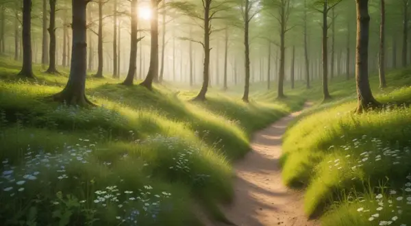 En solig stig slingrar sig genom Riddersholms naturreservat, kantad av frodigt grönt gräs och små vita blommor.