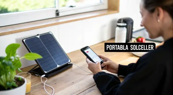 En kvinna laddar sin mobil med hjälp av bärbara solceller vid ett köksfönster.