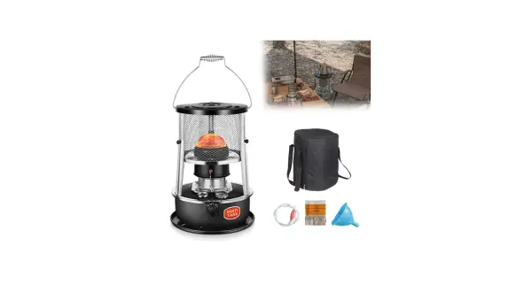 En portabel lysfotogen kamin med tillbehör, perfekt för camping. Värmande och mysig för utomhusbruk.
