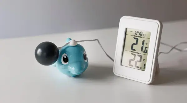 En blå delfin med en svart kula och en digital termometer som visar 21.6°C utomhus och 22.1°C inomhus. Undrar hur kallt kan man ha i ett hus?