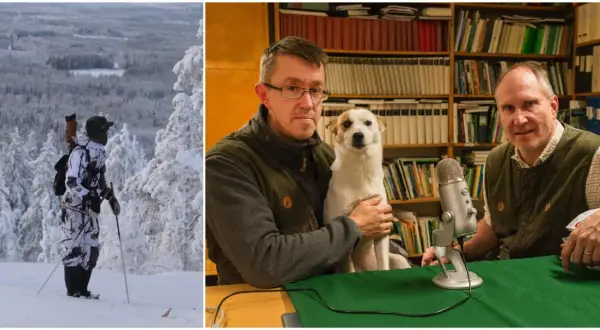 Vinterlandskap i Norrbotten med en person i kamouflagekläder redo för fågeljakt. I en annan bild sitter två män med en hund framför en bokhylla.