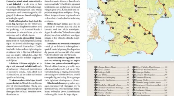 Karta över Skåne med markerade etapper av Skåneleden. Texten beskriver hur man använder guideboken och tips för vandring.