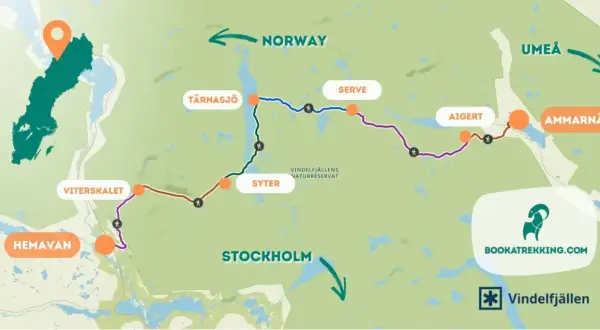 Karta över Kungsleden med start i Hemavan. Vandringsleder visas genom Vindelfjällen mot Norge och Umeå.