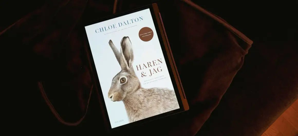 En bok med titeln "Haren & Jag" visas på en skärm, med en illustration av en hare. Boken handlar om en oväntad vänskap, som en hare boplats i naturen.