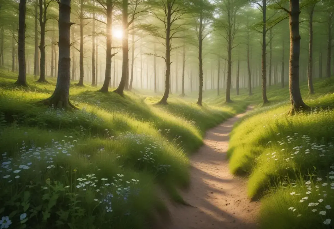 En solig stig slingrar sig genom Riddersholms naturreservat, kantad av frodigt grönt gräs och små vita blommor.