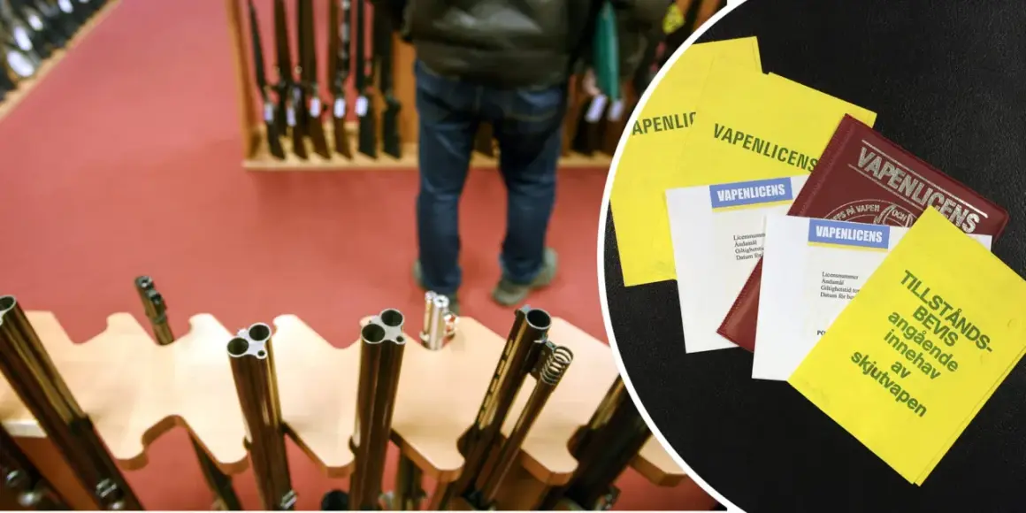 Vapenlicens tid. En person står framför vapenhyllor. Till höger syns flera vapenlicenser och ett tillstånd bevis angående innehav av skjutvapen.