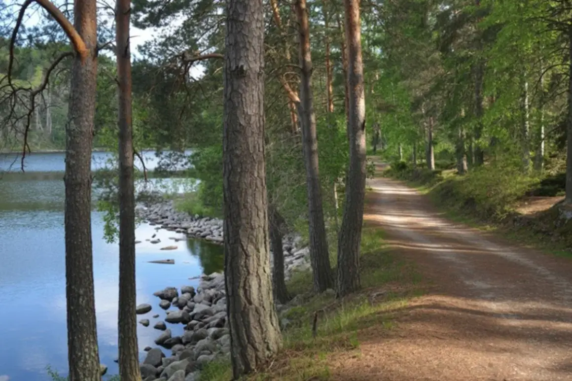 En vacker stig för vandring i Borås, kantad av tallar och med en glittrande sjö.