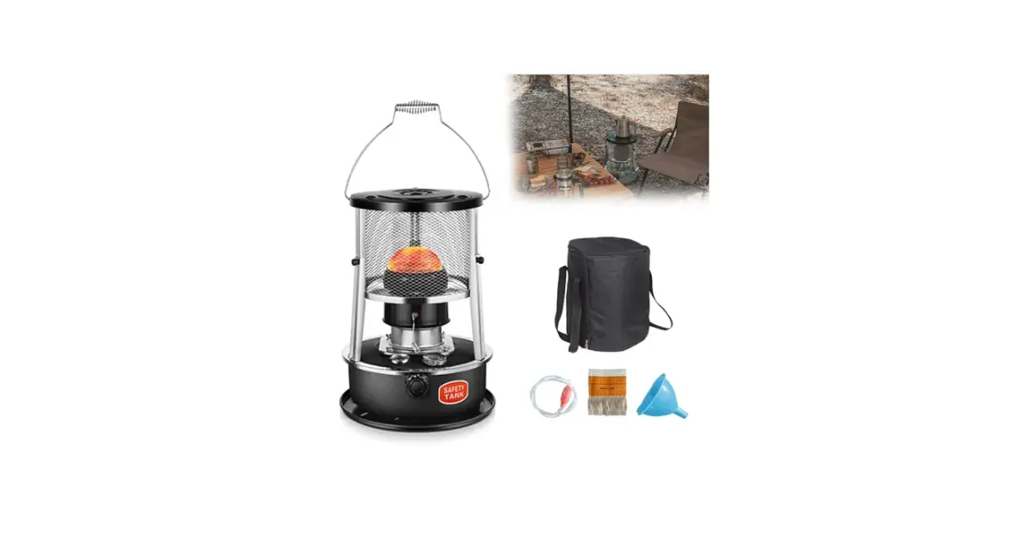 En portabel lysfotogen kamin med tillbehör, perfekt för camping. Värmande och mysig för utomhusbruk.