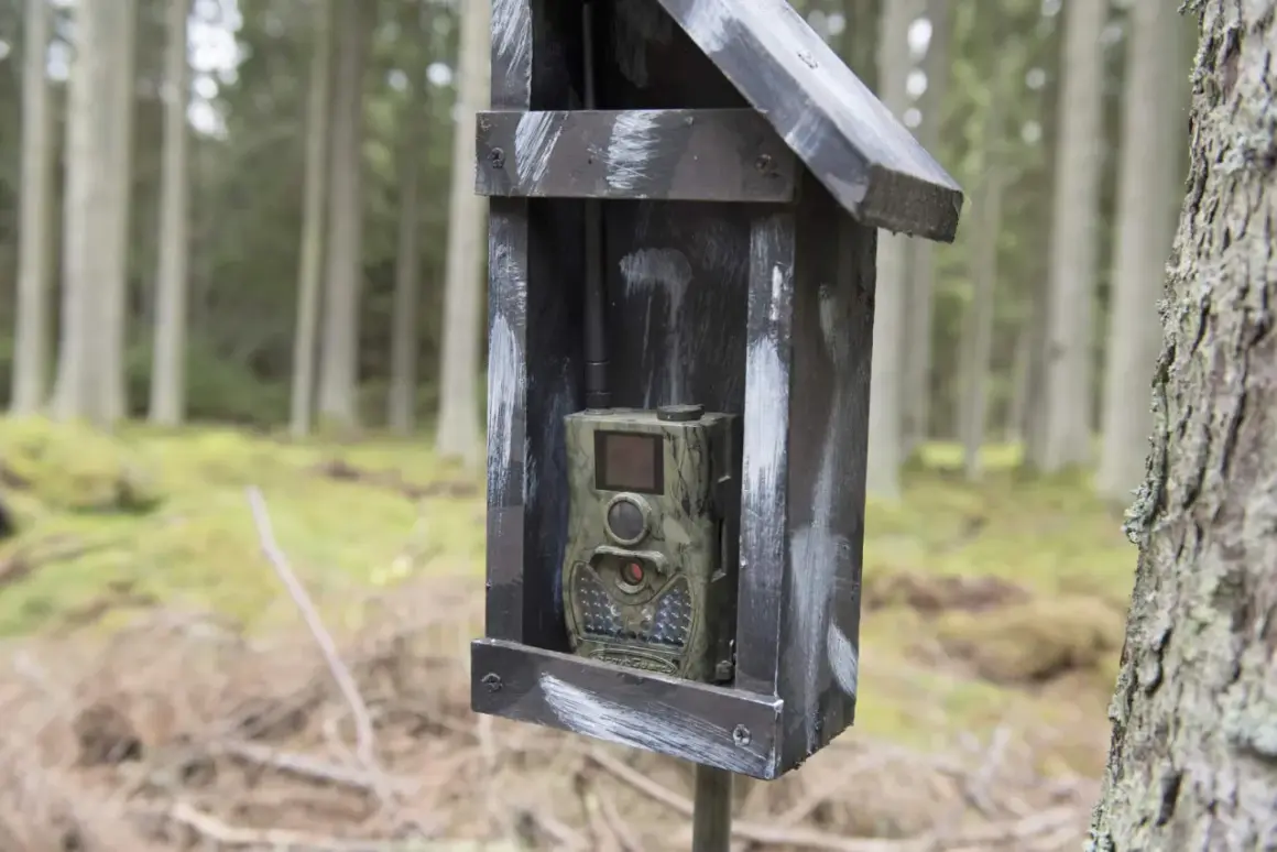 Vildmarkskamera i skyddande låda i skogen. Tänk på åtelkamera regler för att undvika problem.