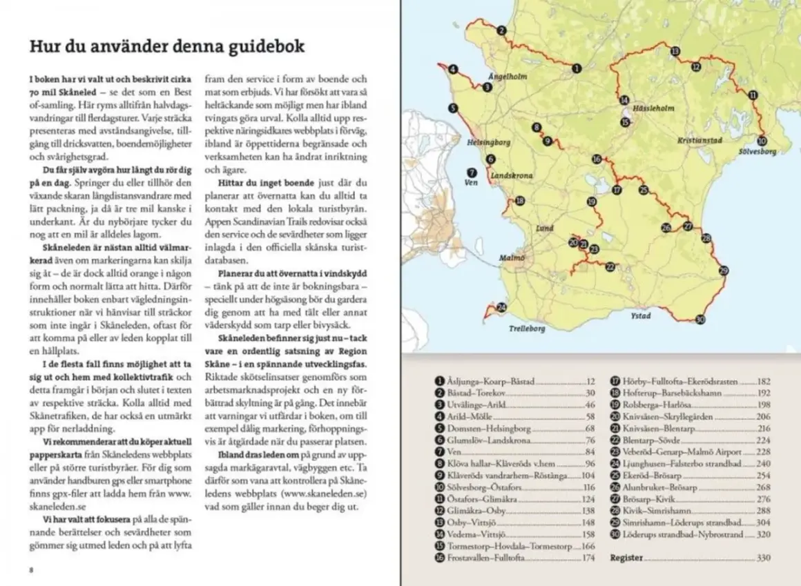 Karta över Skåne med markerade etapper av Skåneleden. Texten beskriver hur man använder guideboken och tips för vandring.
