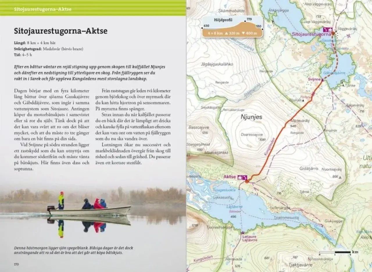 Karta över Kungsleden med vandringsleder, höjdprofiler och sevärdheter som Sitojaurestugorna och Njunjes.