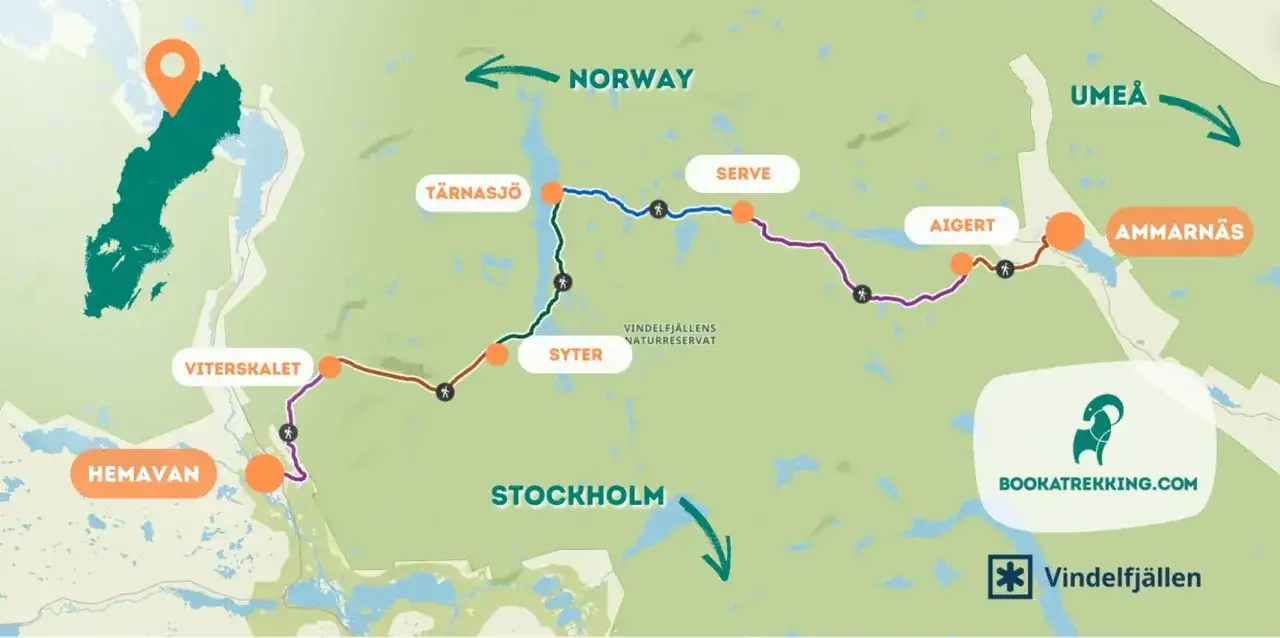 Karta över vandringsleder i Vindelfjällen, med platser som Hemavan, Syter, Tärnasjö och Ammarnäs. Perfekt för att planera din kungsleden tid.