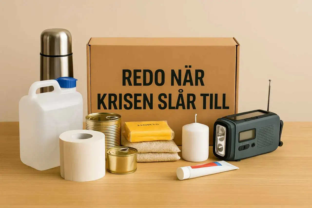 En evakueringsv&auml;ska med n&ouml;dv&auml;ndigheter som konserver, vattenbeh&aring;llare, toalettpapper, ljus, radio och tandkr&auml;m. Text p&aring; l&aring;dan: 