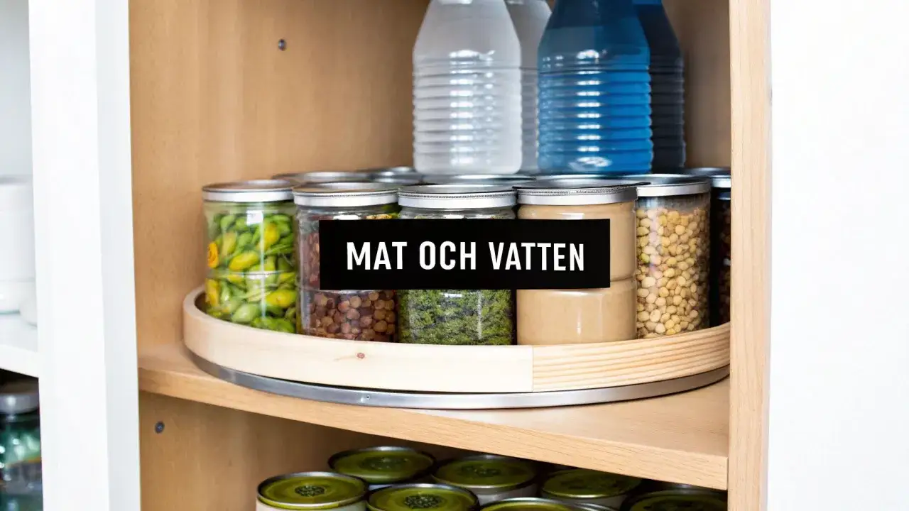 Mat och vatten i burkar och flaskor p&aring; en snurrhylla, redo som ett krispaket.