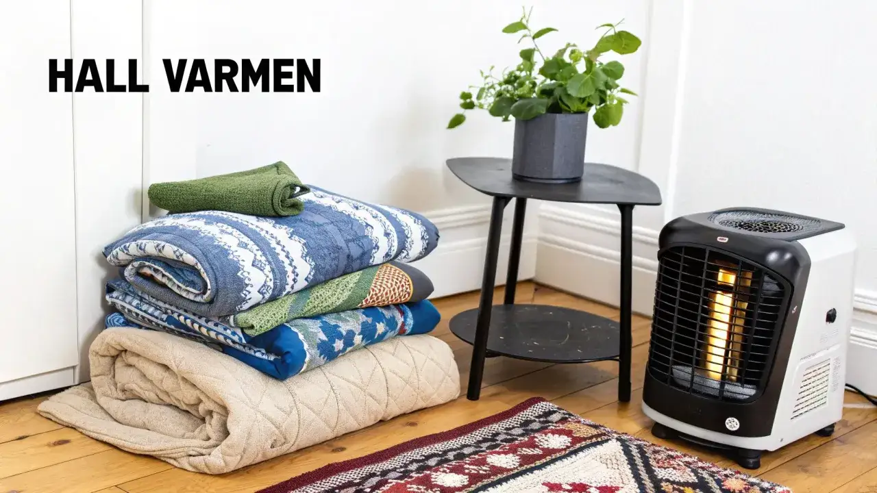 En stapel filtar och en värmefläkt bredvid ett litet bord med en växt. Frågan är hur kallt kan man ha i ett hus?