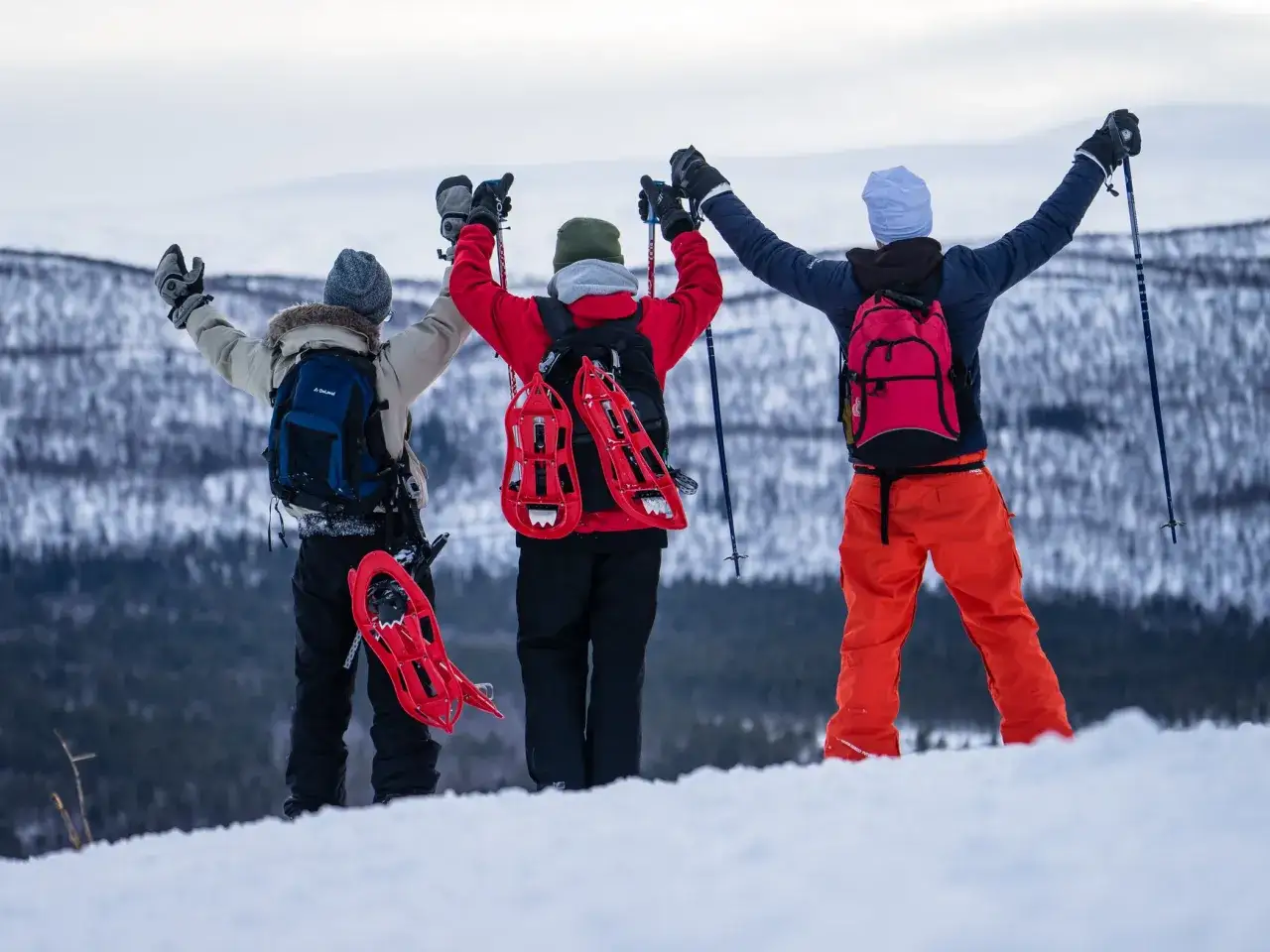 Tre personer med snöskor och stavar njuter av att vandra på vintern i ett snöigt landskap.