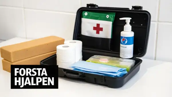 Första hjälpen-kit med plåster, kompresser, handsprit och en röd kors-flagga. Ett krispaket mat kan vara bra att ha.