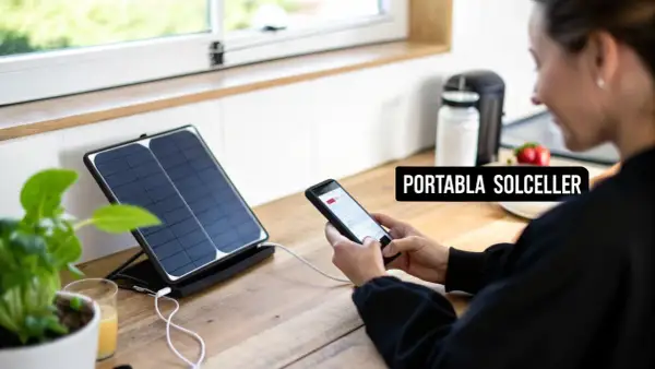 En kvinna laddar sin mobil med hjälp av bärbara solceller vid ett köksfönster.