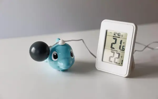 En blå delfin med en svart kula och en digital termometer som visar 21.6°C utomhus och 22.1°C inomhus. Undrar hur kallt kan man ha i ett hus?