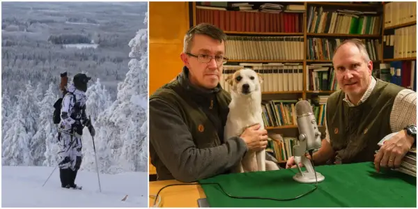 Vinterlandskap i Norrbotten med en person i kamouflagekläder redo för fågeljakt. I en annan bild sitter två män med en hund framför en bokhylla.