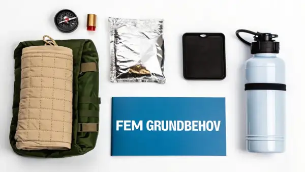 En grön ryggsäck med en beige filt, kompass, nödljus, silverförpackning, svart låda, blå vattenflaska och en broschyr märkt "FEM GRUNDBEHOV" för en evakueringsväska.